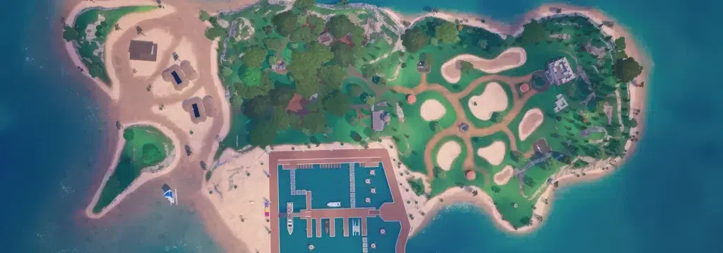 Top-down view of a custom Fortnite island map featuring beaches, forests, golf zones, and a marina.