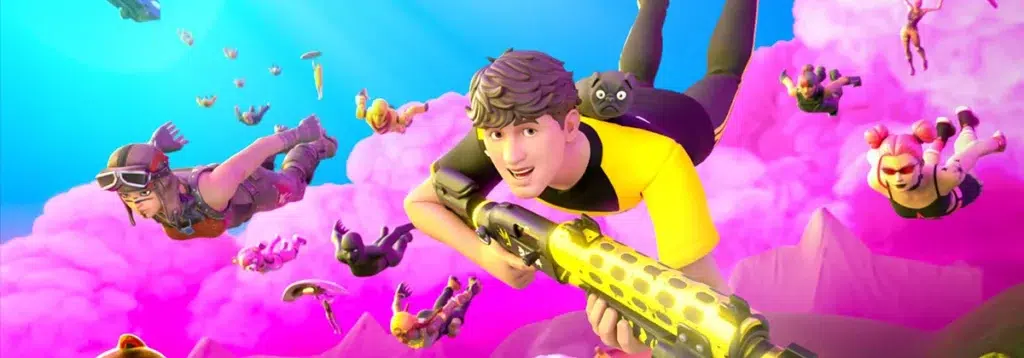 Animated Fortnite characters skydiving through pink clouds, led by a player in a black and yellow outfit holding a golden shotgun.