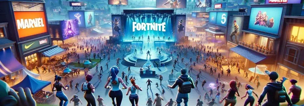 Fortnite crowd gathers at a virtual concert stage surrounded by branded billboards from Marvel, Nike, and others.