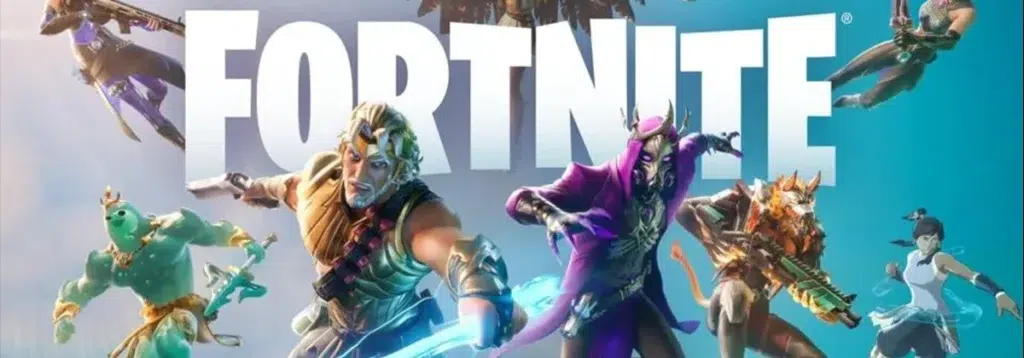 Fortnite characters in action poses beneath bold logo, showcasing diverse UEFN and Battle Royale heroes.