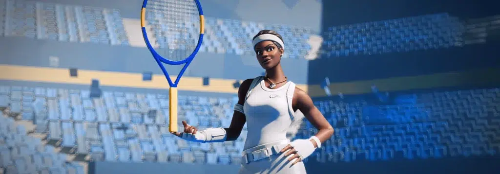 Fortnite character in a white tennis outfit posing confidently with a racket in a digital stadium.
